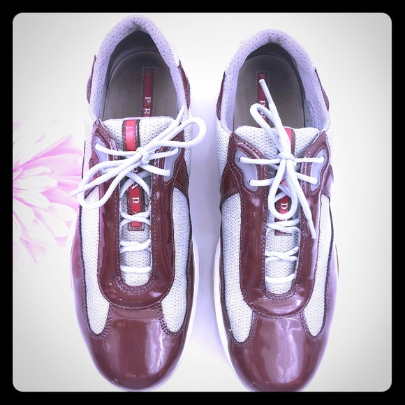 Prada Shoes - Prada Patent Leather & Mesh Sneakers: Maroon